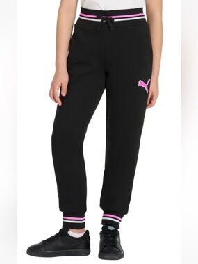 Puma Black Joggers with Pink Logo and Stripe Cuffs